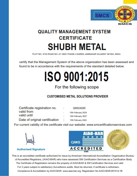 ISO 9001:2015 Certificate Brass Manufacturer Jamnagar