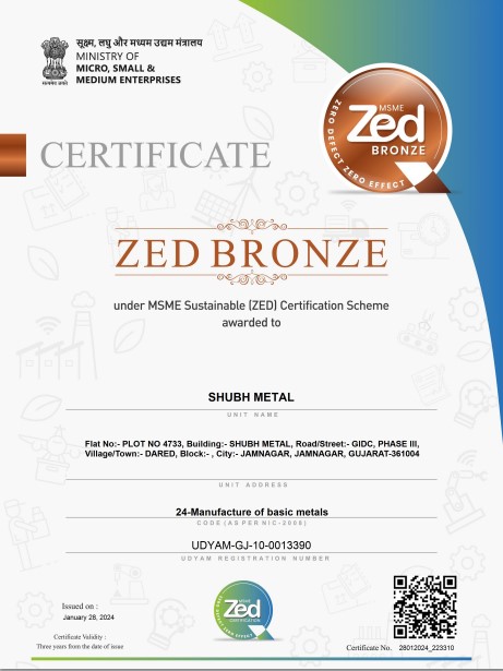 ZED Bronze Certificate Shubh Metal Jamnagar